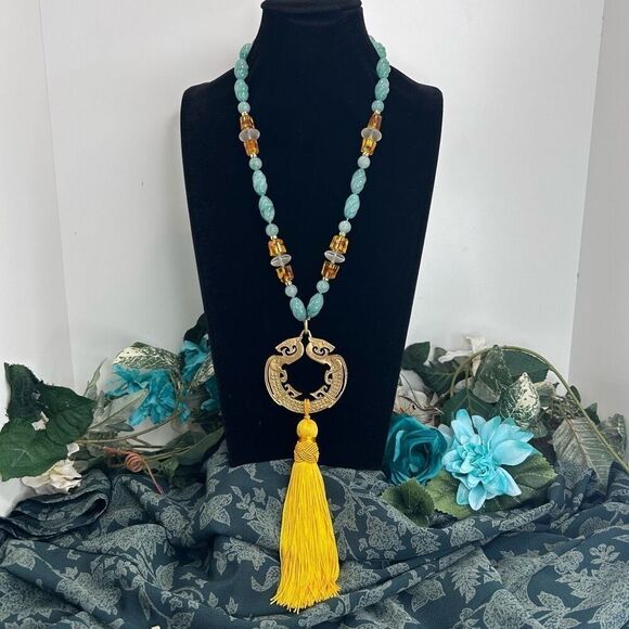 Jadeite Gemstones Tassel Necklace 12" Blue Gold-tone Chinese Zodiac Medallion - Picture 1 of 14
